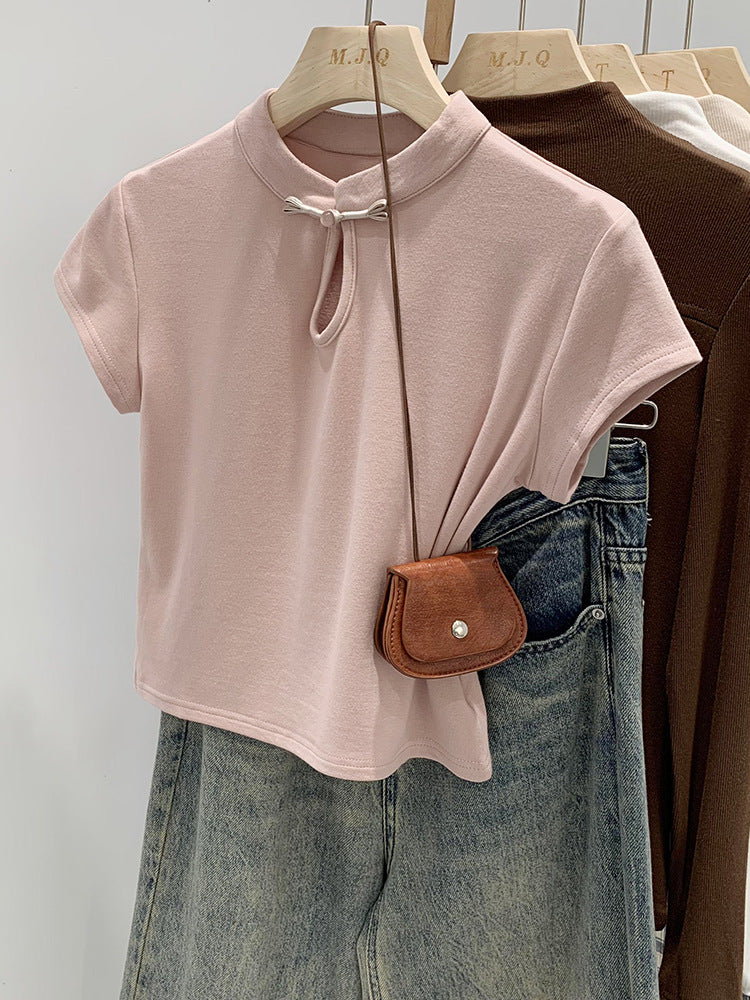 New Chinoiserie National Style Niche Chic Design Short-Sleeved T-Shirt for Women Summer 2025 New Stand-Up Collar Buttoned Short Top