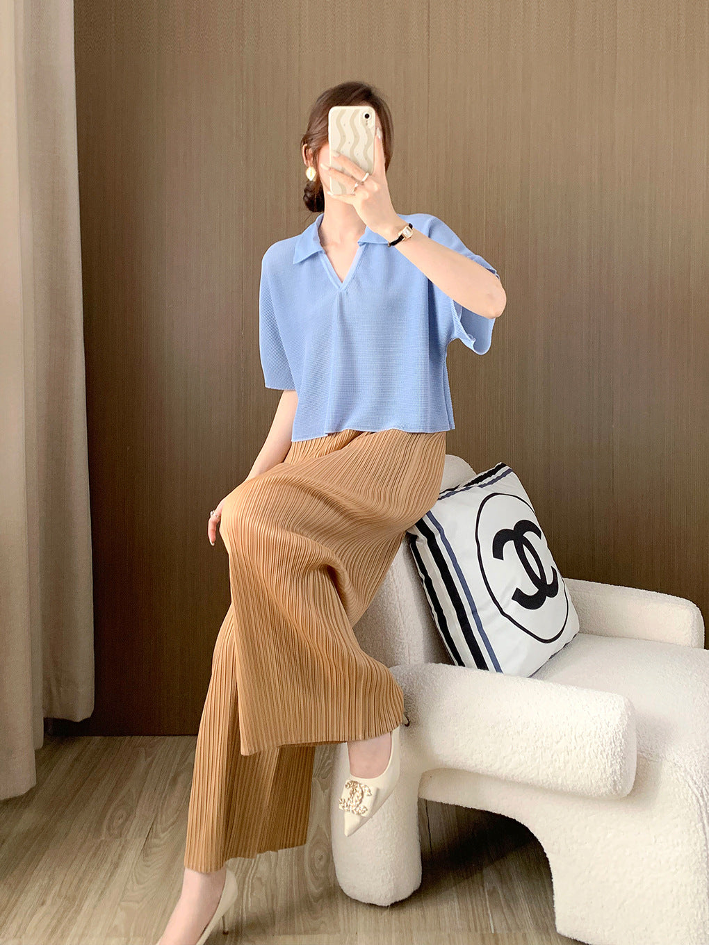 Short-Sleeved T-Shirt for Women Summer New Loose Slimming Look High-Waisted Versatile Polo Shirt T-Shirt Pleated Top Women's Large Size