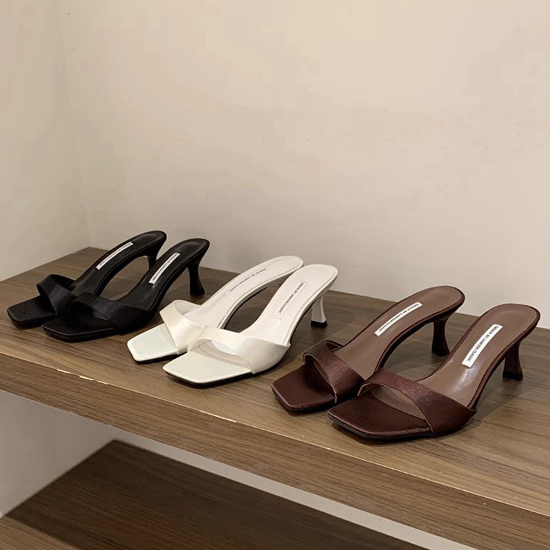 Beautiful One-Line Slippers for Women's Summer Outer Wear 2024 New Satin Brown Elegant Genuine Leather Stiletto Square Toe High Heels