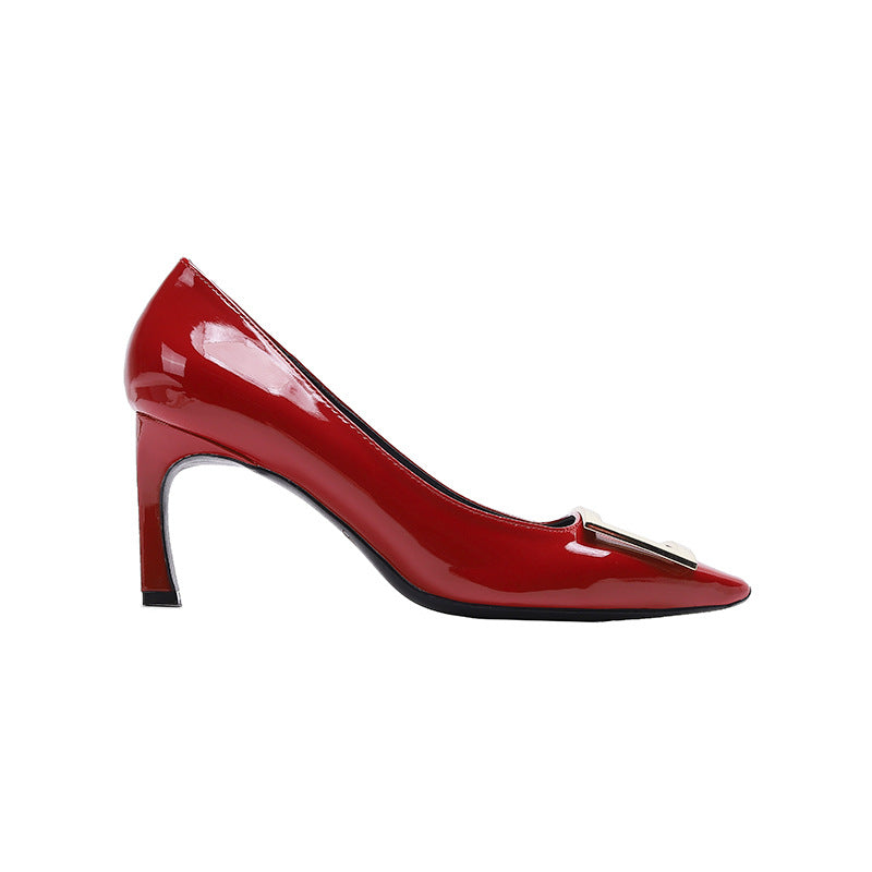 RV Metal Square Buckle Square Head High Heels Women's Patent Leather Commuter Stiletto Shoes Bridesmaid Shoes Wedding Shoes Shallow Women's Shoes
