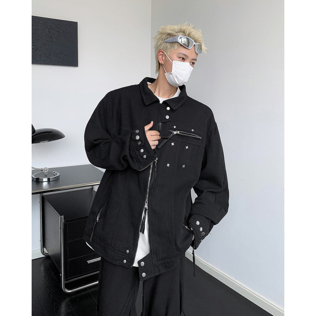 American Style Retro High Street Black Denim Jacket Men's Spring and Autumn Women's Sense Design Sense Niche Trendy Brand Laps Jacket