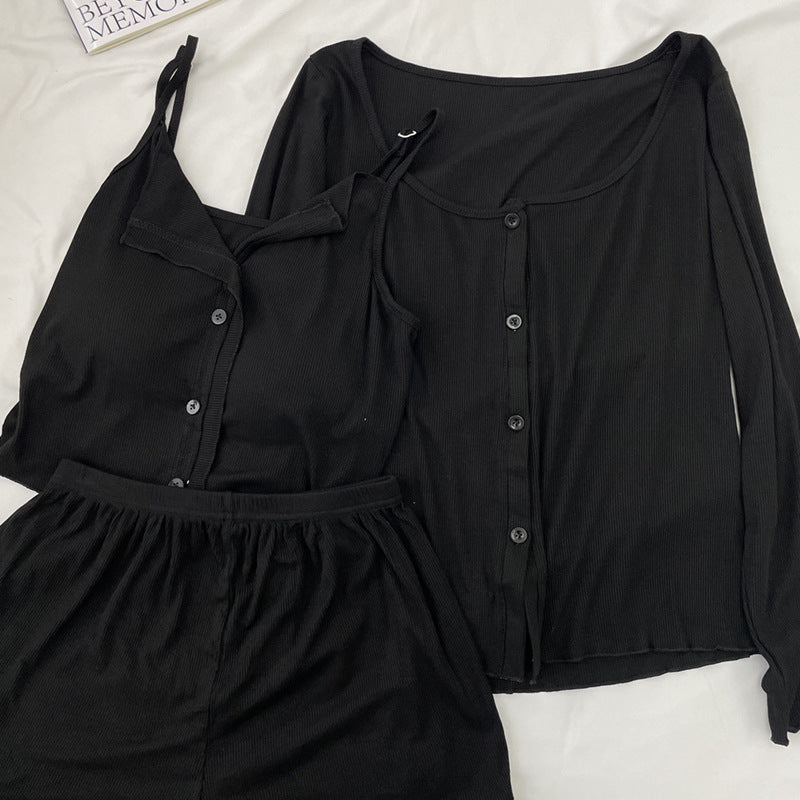 Modal Cotton Pajamas Women's Spring and Autumn Four-piece Suit Sling Trousers with Chest Pad Outfit Summer Home Clothes