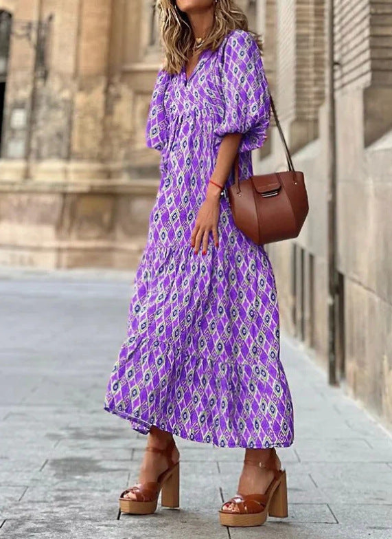 European and American Plus-Size Women's Loose-Fitting Bohemian Round-Neck Lantern-Sleeve Sweet Girl Dress Wholesale from Source Factory