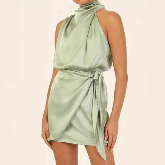 Spring 2024 Women's Short Formal Satin Dress Summer Sleeveless Collar Lace Up Waist Cocktail Party