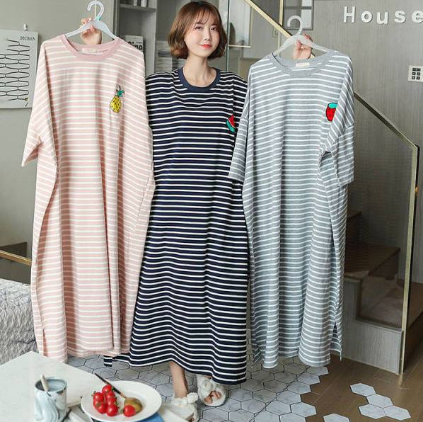 Pajamas Women's Summer Korean-style Mid-length Student's Nightdress Short-sleeved Loose Cute Striped Outwear Pregnant Women's Home Clothes