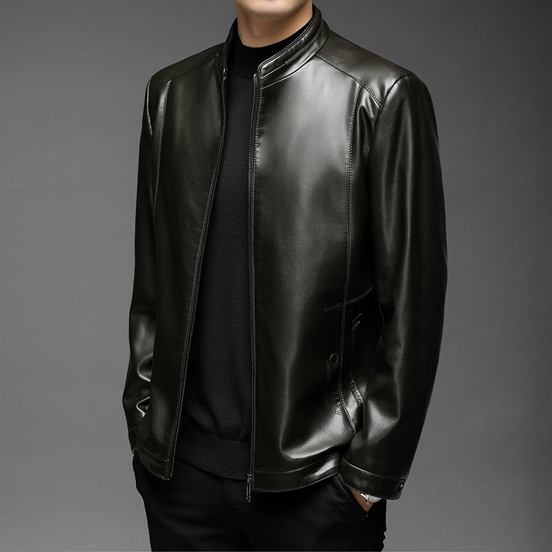 Men's Leather Jacket, Autumn and Winter, Middle-Aged Business Style, Stand-Up Collar, Fleece-Lined, Casual Men's Leather Coat, Mid-Length