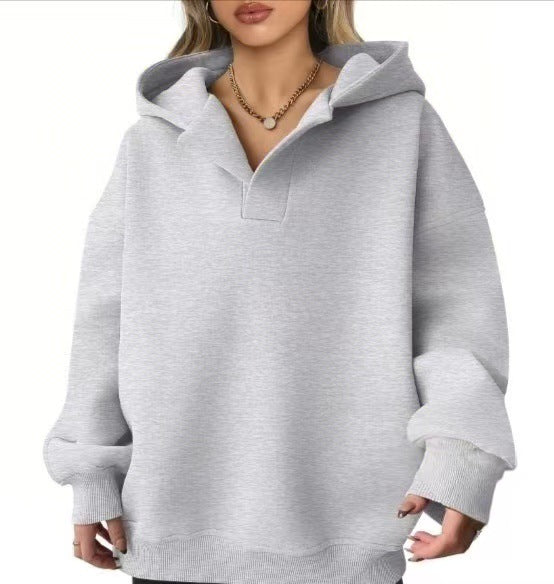 Cross-Border European and American Autumn and Winter Women's Sports Hoodies Long-Sleeved Hooded Solid Color Loose Large Size Fleece Sweatshirts Women's Tops