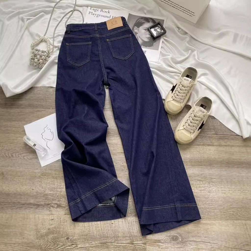Denim Blue Straight-Leg Jeans for Women, Spring and Autumn 2025 New Style, High-Waisted Design, Slimming, Loose Wide-Leg Pants