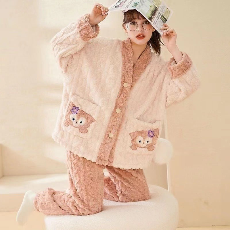 Pajamas Women's Autumn and Winter New Lazy Style V-neck Long-sleeved Princess Style Dormitory Warm Coral Fleece Home Clothes for Outer Wear