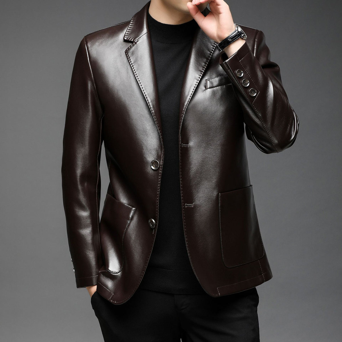 Leather coat men's autumn and winter new men's soft leather suit collar leather coat men's two-button casual leather suit cross-border