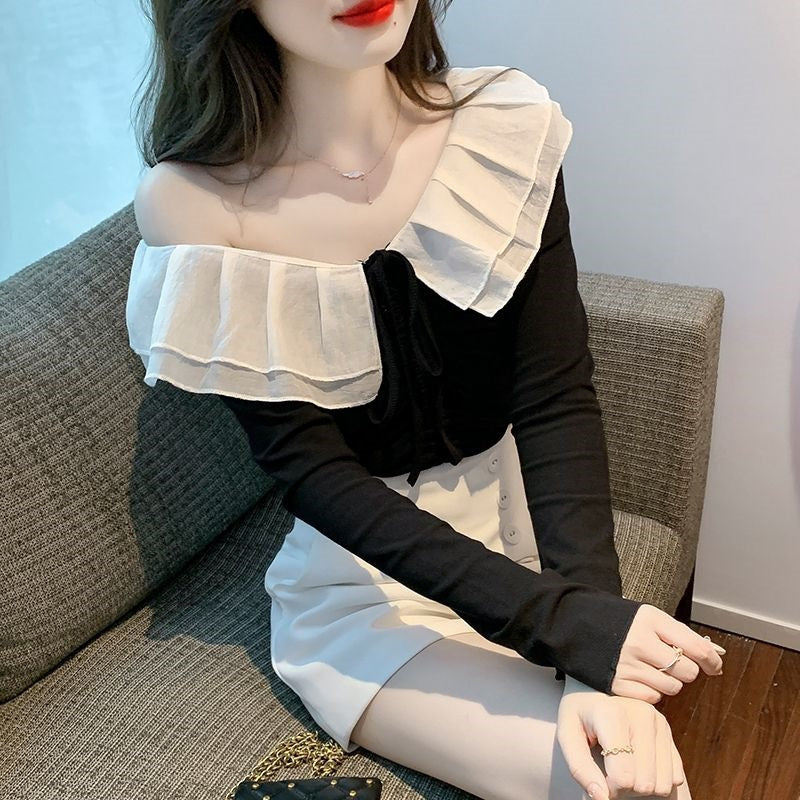 Pure Desire Hot Girl One-Shoulder Long Sleeve T-Shirt for Women 2024 Autumn New Style with Unique Ruffle Design Short Top