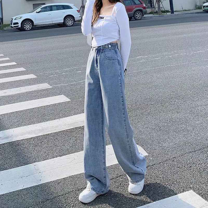 High-Waisted Wide-Leg Jeans for Women, Straight-Leg, Loose, Slim, 2024 Summer Clothes, New Style, Drapedy Floor-Length Pants for Small People