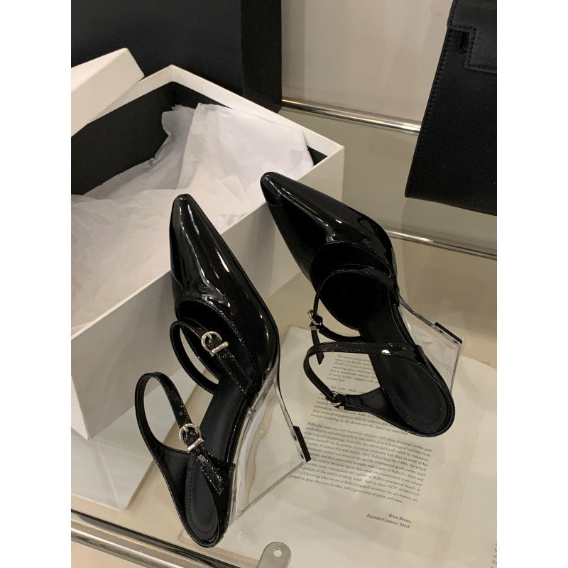2025 European and American New T Show High Heels Crystal Heel Wedge Pointed Sexy Women Sandals