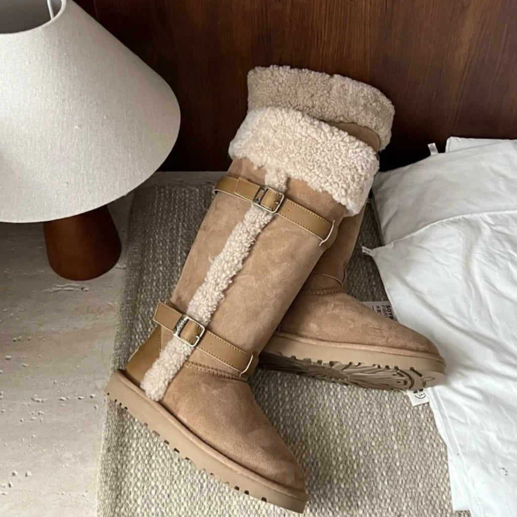 New Autumn and Winter Fleece-Lined Warm Snow Boots for Women, Genuine Leather Casual Outdoor Platform Thick-Soled Long Boots, Dual-Wear Cotton Shoes
