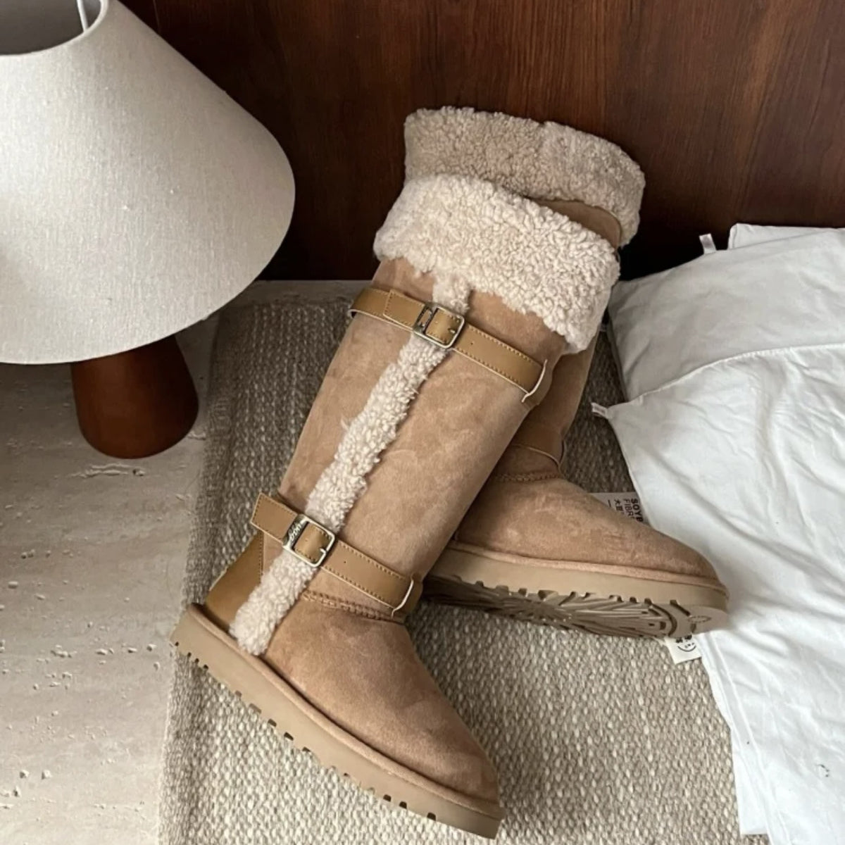 New Autumn and Winter Fleece-Lined Warm Snow Boots for Women, Genuine Leather Casual Outdoor Platform Thick-Soled Long Boots, Dual-Wear Cotton Shoes