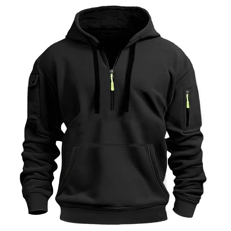 Casual Pullover Sweatshirt with Multiple Zipper Arm Pockets for Autumn and Winter, Large Size, Fleece-Lined Hoodie for Men
