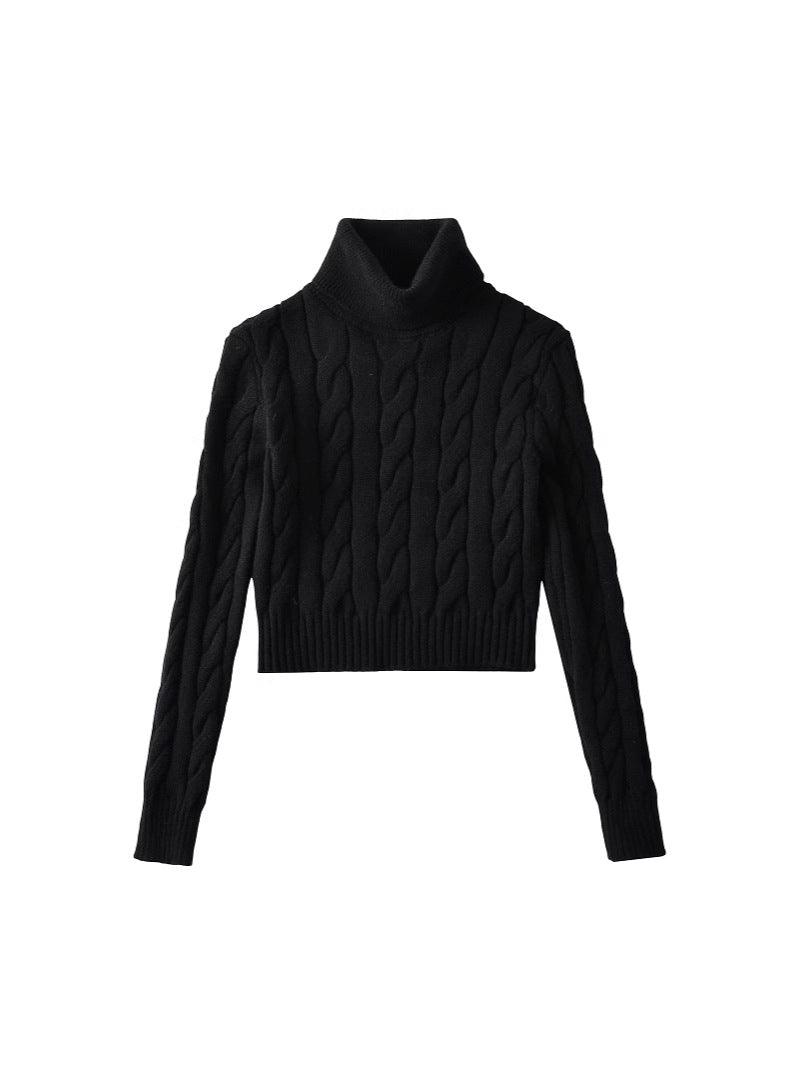 2024 Winter New Spice Girls High Neck Twist Sweater Women's Solid Color All-match Lazy Style Short Base Long Sleeve Sweater