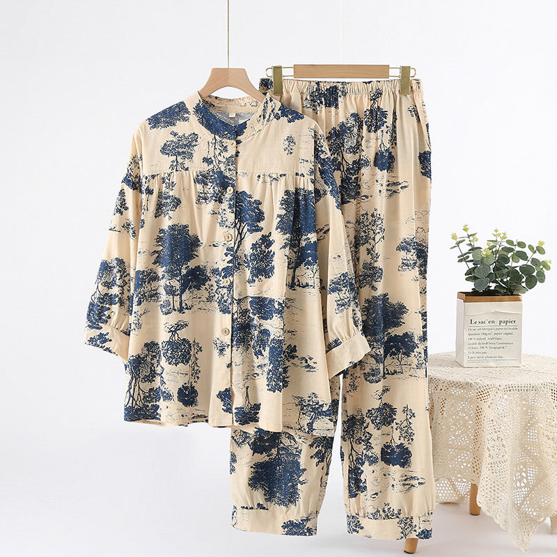 Pajamas Women's Summer Slub Cotton Internet Popular Korean Style Home Clothes Loose Casual Cropped Sleeve Trousers Simple Home Clothes