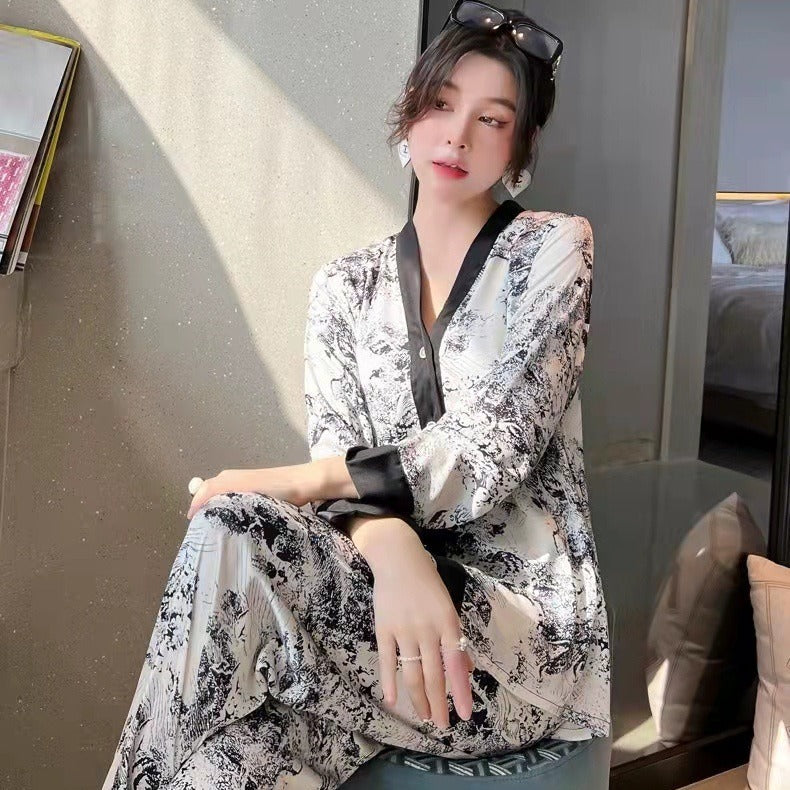 National fashion style ink painting four-piece pajamas women's fashion wholesale summer loose comfortable printing ladies home clothing sets