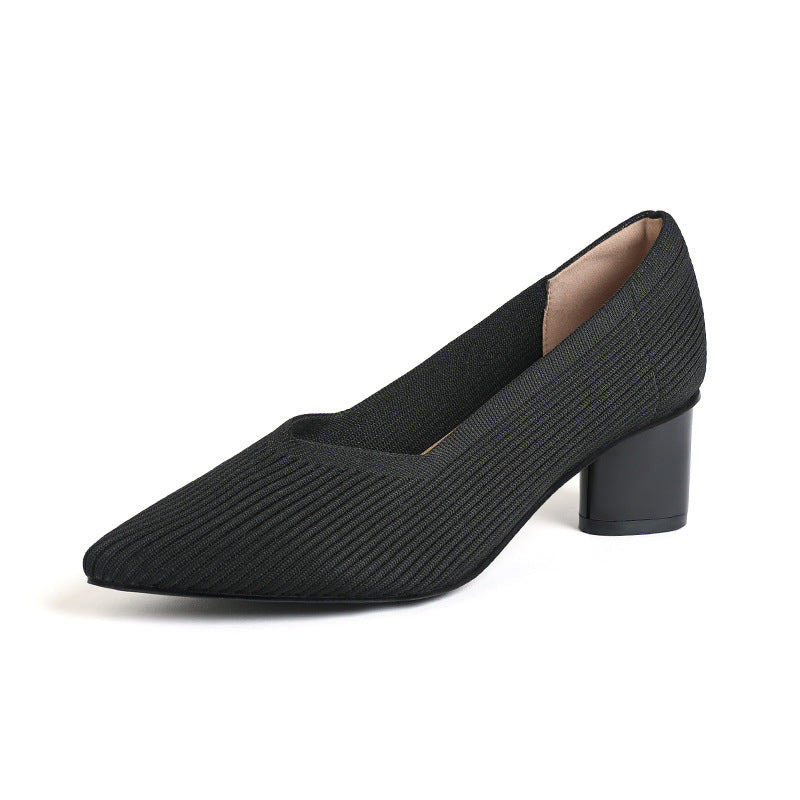Princess High-Heeled girls Chunky Heel New Style Pointed Toe V-Cut Straight Pattern Solid Color Versatile French-Style Girl's Single Shoe Fashionable Women's Mid-Heel