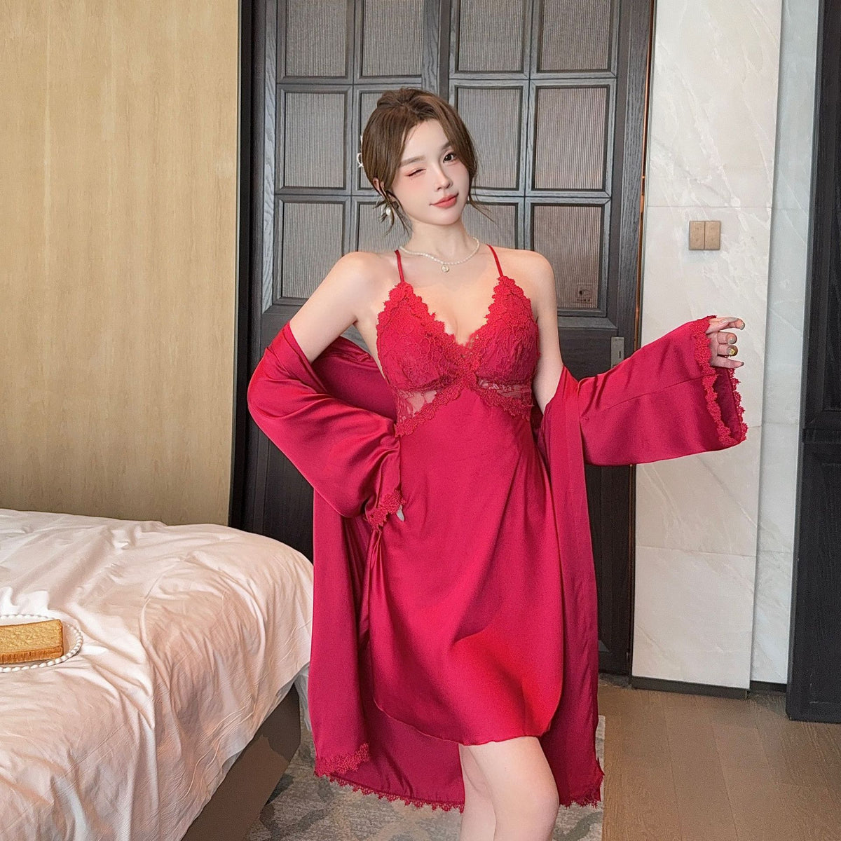 Pajamas for Women Spring and Autum Sexy Pure Lust Lace Cut Out Suspender Nightgown Ice Silk Nightgown Two-Piece Suit with Breast Pads