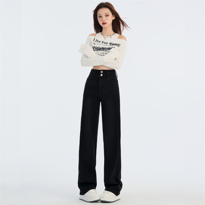 2024 Autumn and Winter New High Waist Double Buckle Slimming Stretch Narrow Straight Jeans for Women JEANS WOMEN