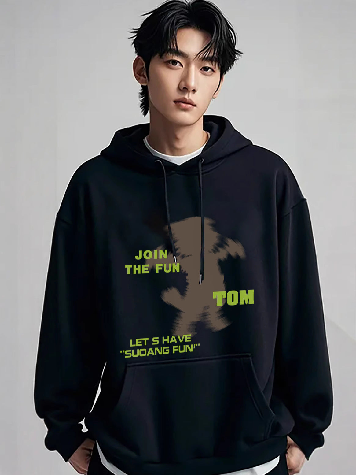 American Style Retro Trendy Fun Printed Hooded Sweat Autumn and Winter fleece-lined Loose Casual Hooded Top