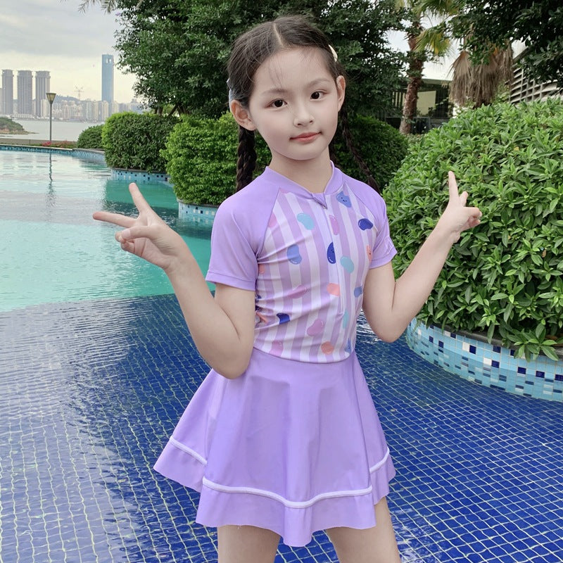 Children's Swimsuit for Girls, One-Piece Skirt-Style Swimwear for Older Children, Student Girls' Hot Spring Swimsuit, Floral Little Princess