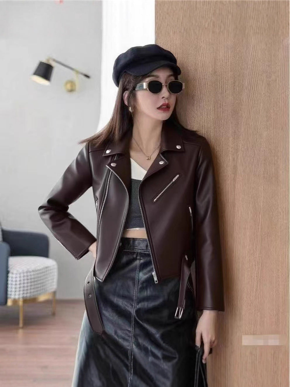 2025 Spring and Autumn New Yellow Women's Leather Jacket Large Size Women's Jacket Short Women's Leather Jacket Motorcycle Wholesale