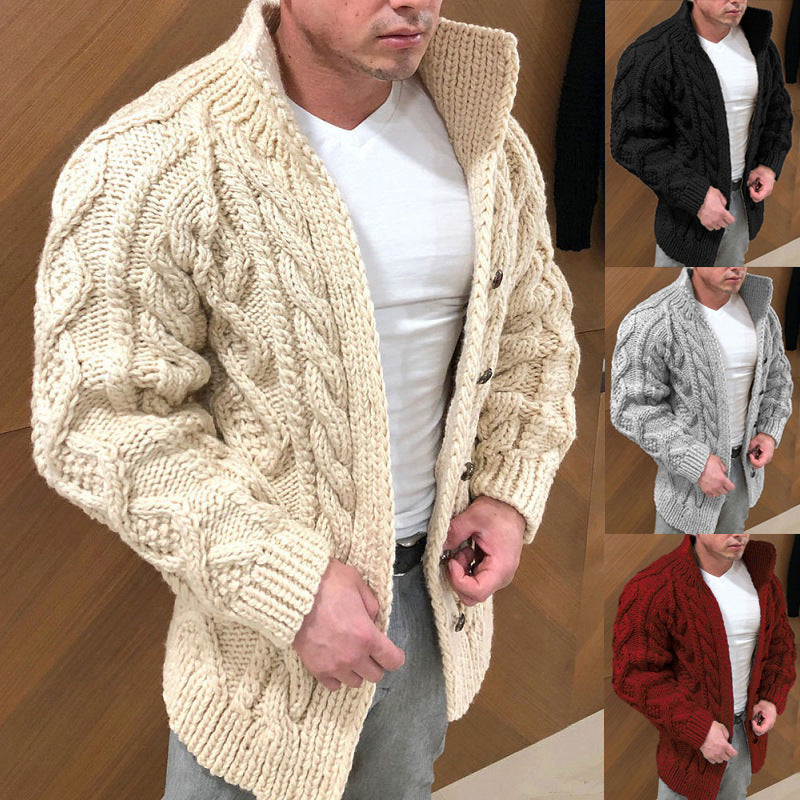 2024 New Men's Sweater Independent Station Cardigan Heavy Wear Long Sleeve Stand Collar Cable Jacquard Casual Men's Wear