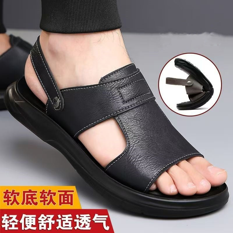 Dad Men's Sandals Summer Genuine Leather Soft-soled Non-slip Beach Shoes 2025 New Casual Fashionable Outwear Sandals