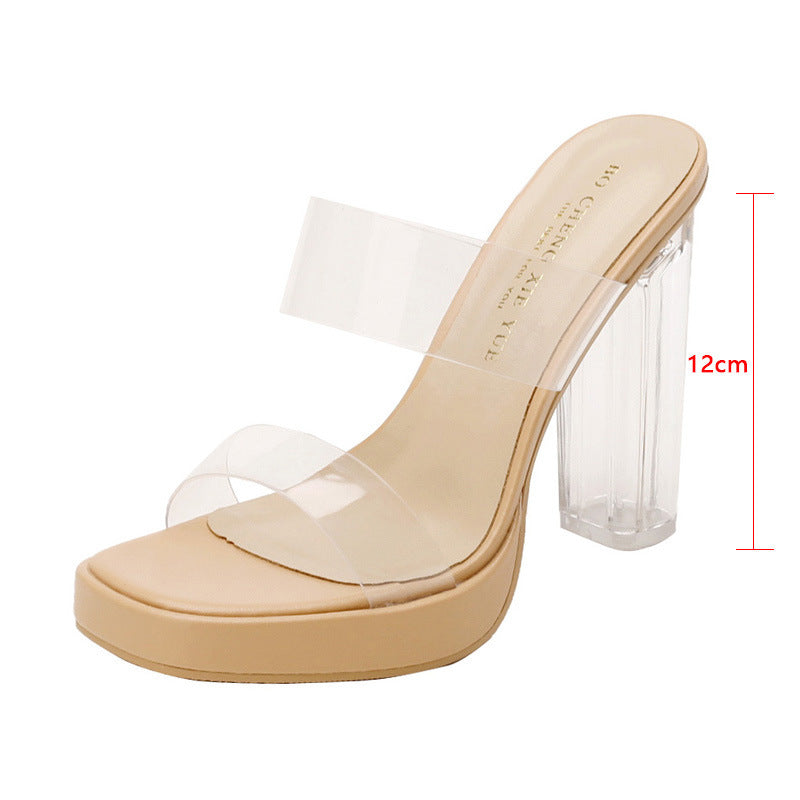 Real sheepskin transparent high heel girls shoes 2025 new waterproof platform with crystal heel thick heel sandals