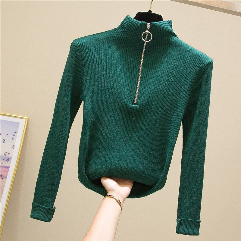Spring sweater women's semi-high collar ring zipper slim outer wear long sleeve middle collar base sweater sweater top wholesale