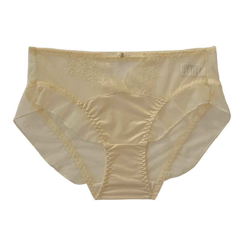 Sexy Hollow Mesh Underwear Women's Mid-Waist Sexy Lace Less Ladies Underwear Mulberry Silk Bottom Crotch Comfortable Briefs