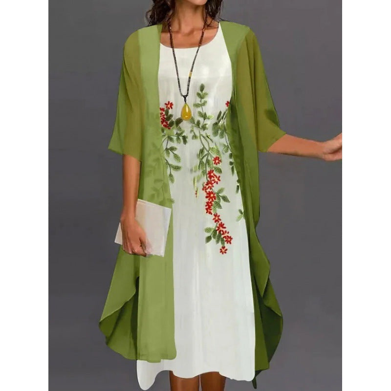European and American Amazon Summer Women's Casual dress Two-Piece Flower-Print Round Neck Slim-Fit Dress Women