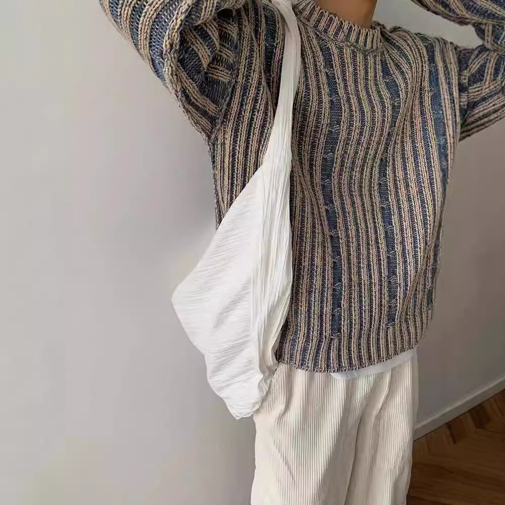 2024 Winter Casual Retro Mixed Color Striped Knitted Trendy Sweater Sense Men's Design Sense Crewneck Pullover for Hair