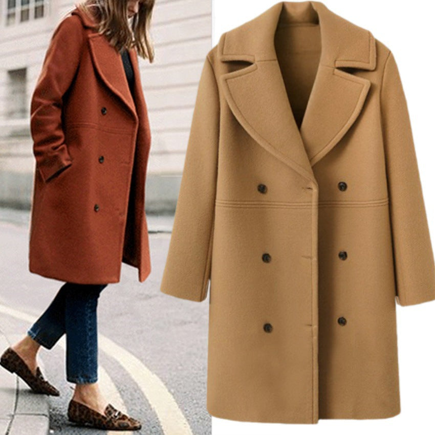 European and American autumn and winter plus size cross-border women's woolen coat women's double-breasted long windbreaker woolen coat wholesale