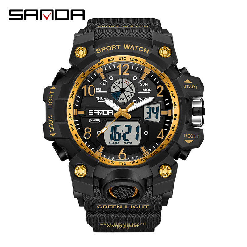 Sanda Hot-Selling Watch Korean Version Student Party Multi-Functional Waterproof Alarm Clock Electronic Watch Cool Dual Display Luminous Sports Watch