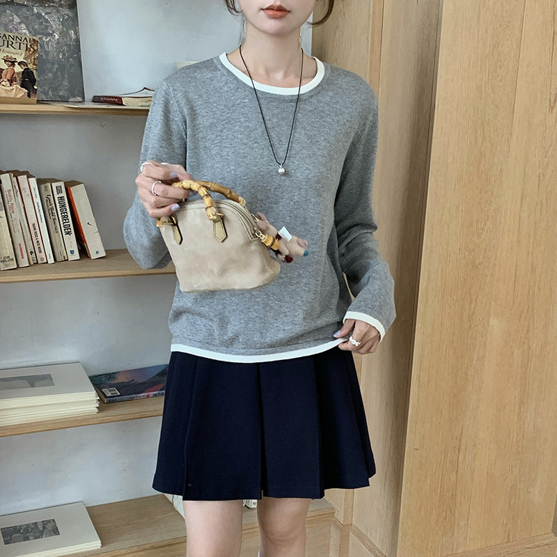 New Spring and Summer Women's Knitted Sweaters, Cotton Round Neck Contrasting Bottoming Shirts, Loose and Simple Elegant Inner Tops Wholesale