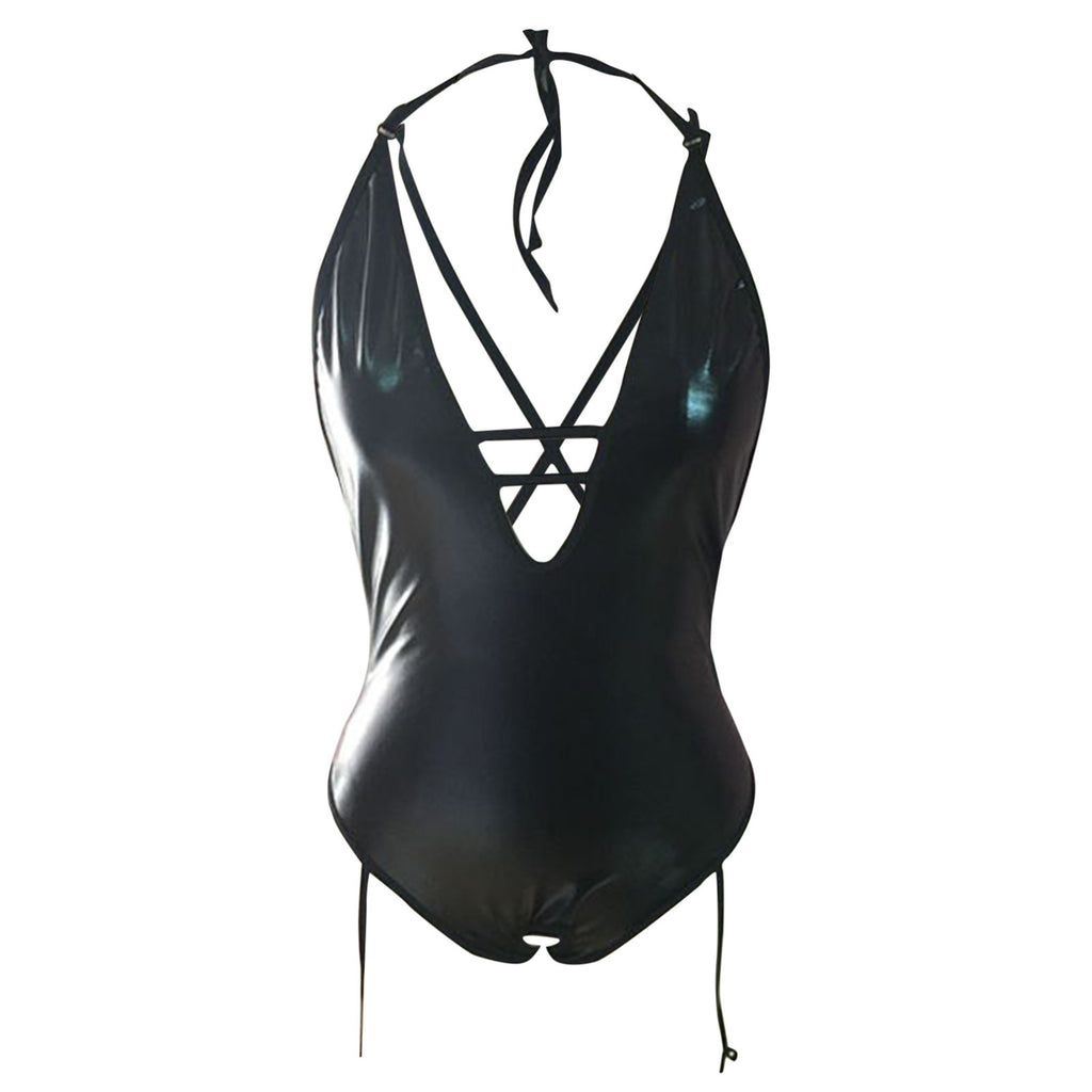 European and American foreign trade new sexy V-neck black patent leather jumpsuit sexy clothing plus size sexy underwear for women