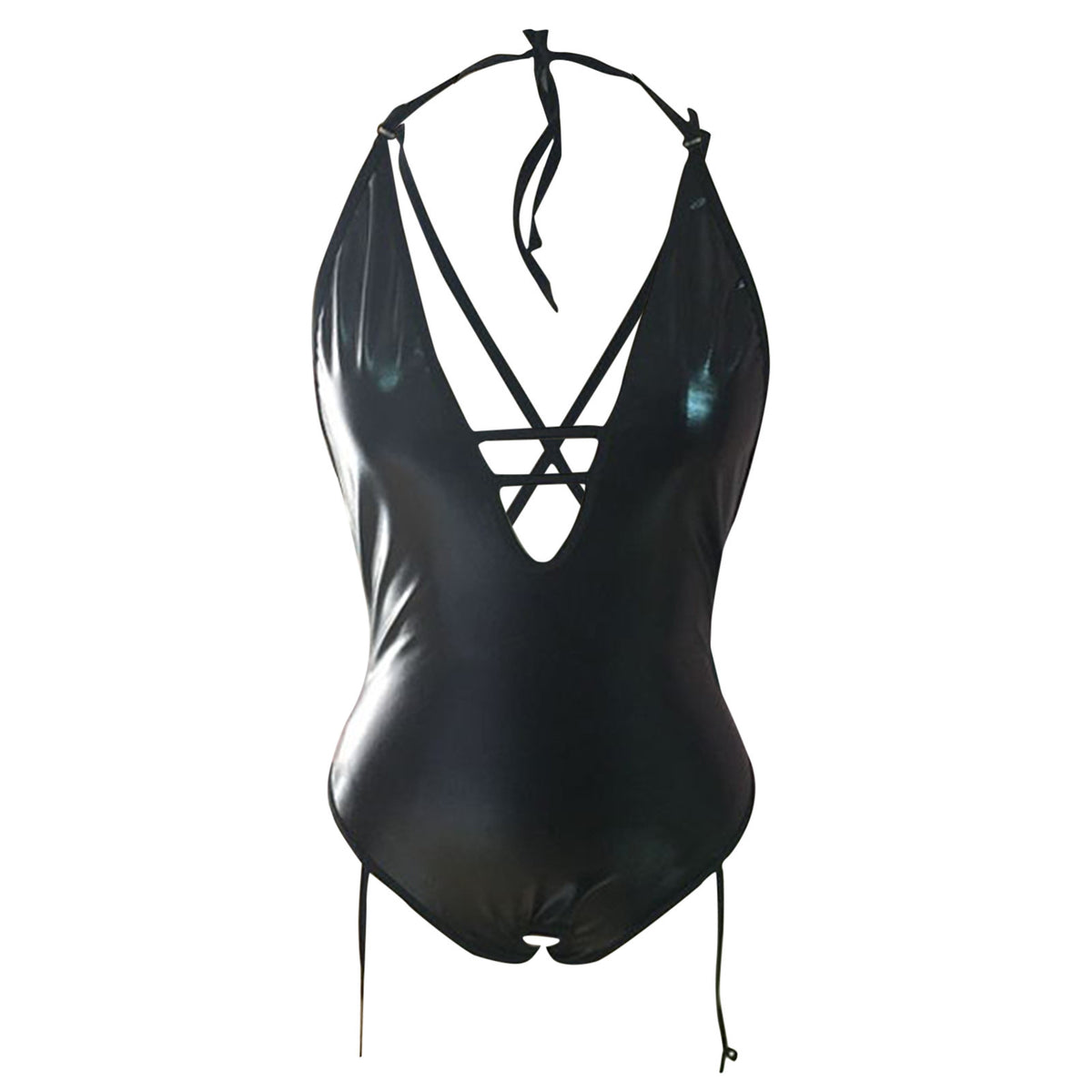 European and American foreign trade new sexy V-neck black patent leather jumpsuit sexy clothing plus size sexy underwear for women