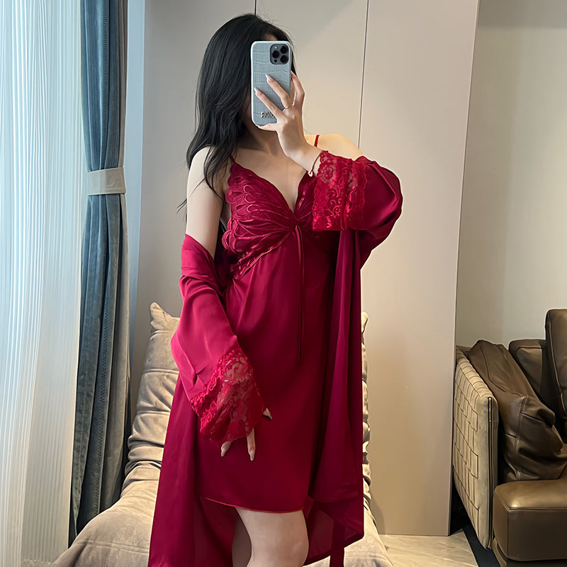 Pajamas Women's Summer Ice Silk Pure Sexy Lace Sling Nightgown Nightgown with Chest Pad Thin Home Clothes Two-piece Set