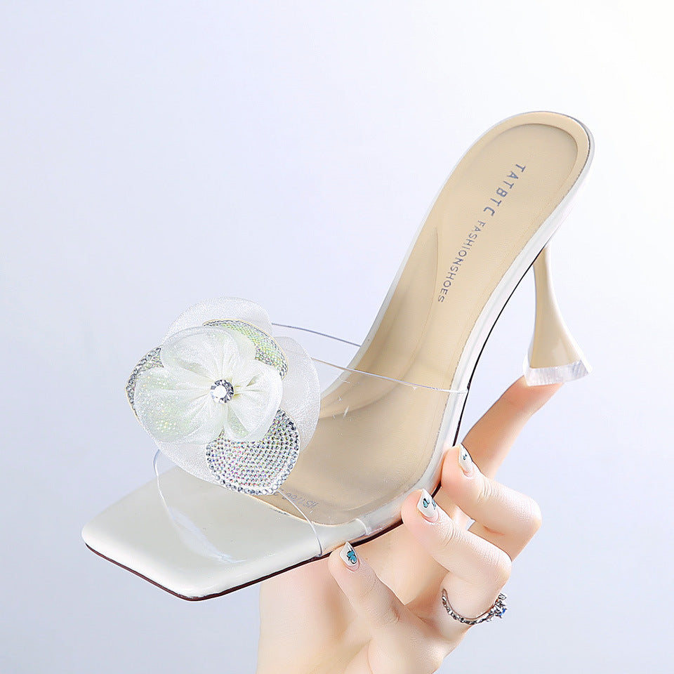 Super High Heels 2025 Summer Elegant Dress Flower Thin Heel Sandals Women's Outer Wear Slides HS1786