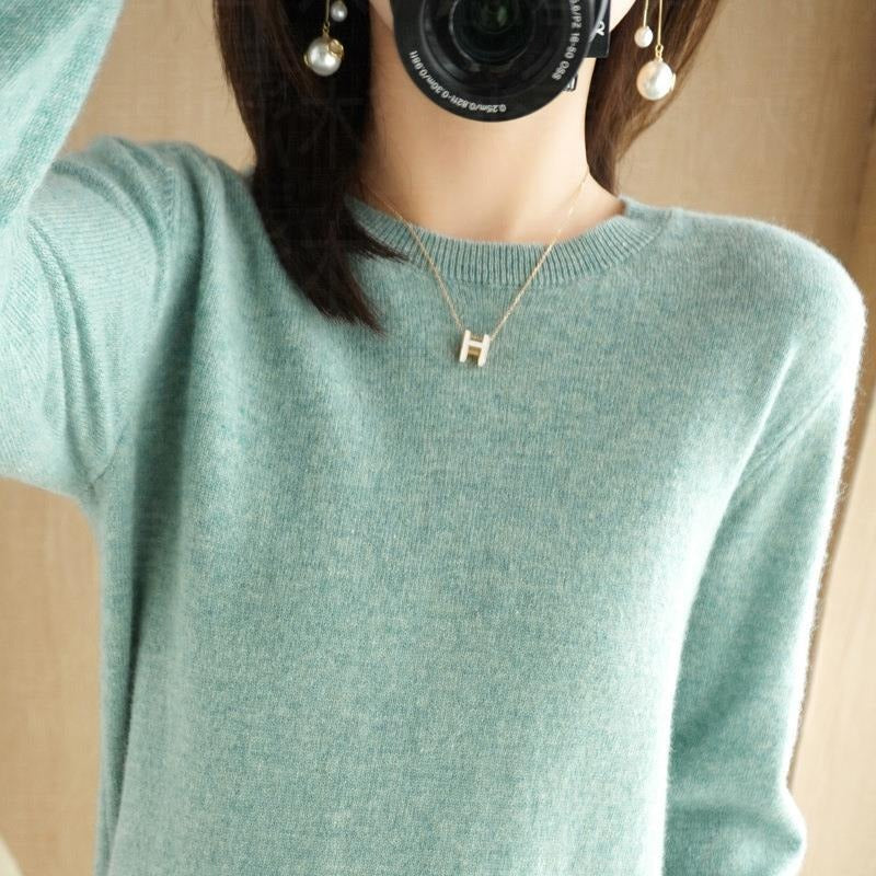 Autumn and Winter New Round Neck Sweater Women's Pullover Sweater Solid Color Long Sleeve Women's Thin Inner Short Base Shirt for Women