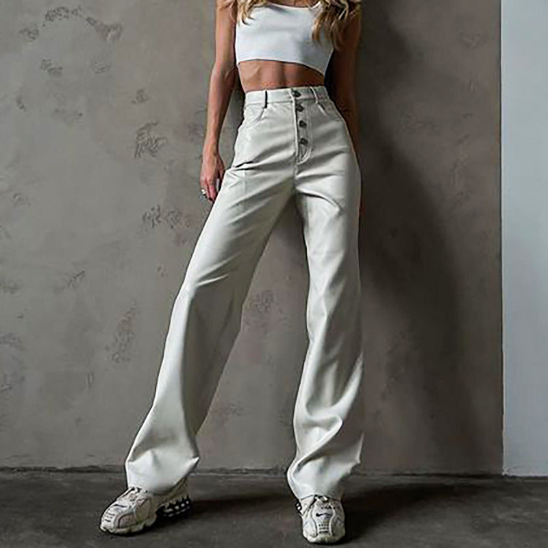 European and American Cross-Border New Products 2025 Autumn Women's Clothing Pu Leather Pure Color High Waist Straight Button Casual Leather Pants Women's Manufacturer Wholesale
