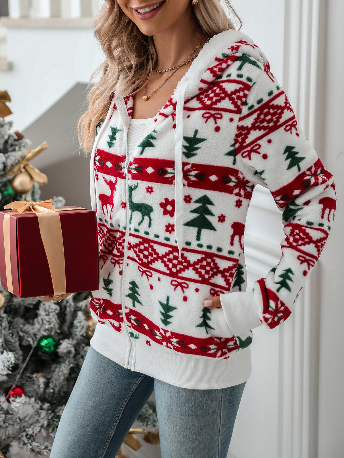 Flash velvet 2023 cross-border autumn and winter new European and American women's Amazon long sleeve cardigan Christmas printed plush coat