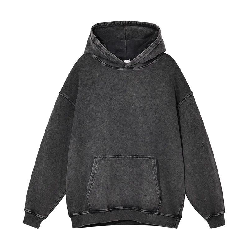Washed Vintage Hoodie with Pockets, Retro Pure Cotton Composite Thin Fleece Thick Loose Drop Shoulder Top