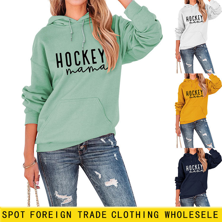 Cross-border autumn and winter European and American women's top hoodie Hockey mama pattern letter printed casual hooded sweater