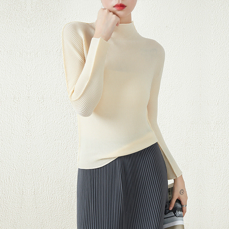 Miyake Seamless One-Piece Half Turtleneck Bottoming Shirt for Women Pleated Turtleneck Elegant Slim Slim Long-Sleeved T-Shirt for Women Thin Section