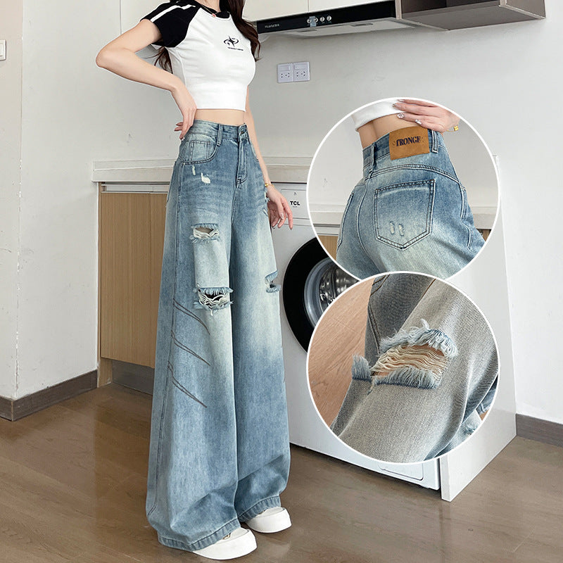 Ripped Straight-Leg Jeans for Women, Summer 2025 New High-Waisted Leg-Covering Style, Trendy American-Style Wide-Leg Pants for Hot Girls